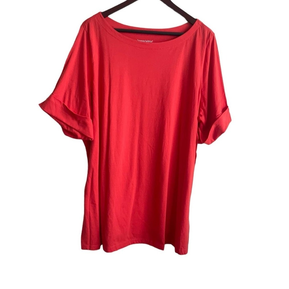Woman Within Womens Casual Minimalist T-Shirt 1X Coral Boat Neck Rolled Cuff Tee